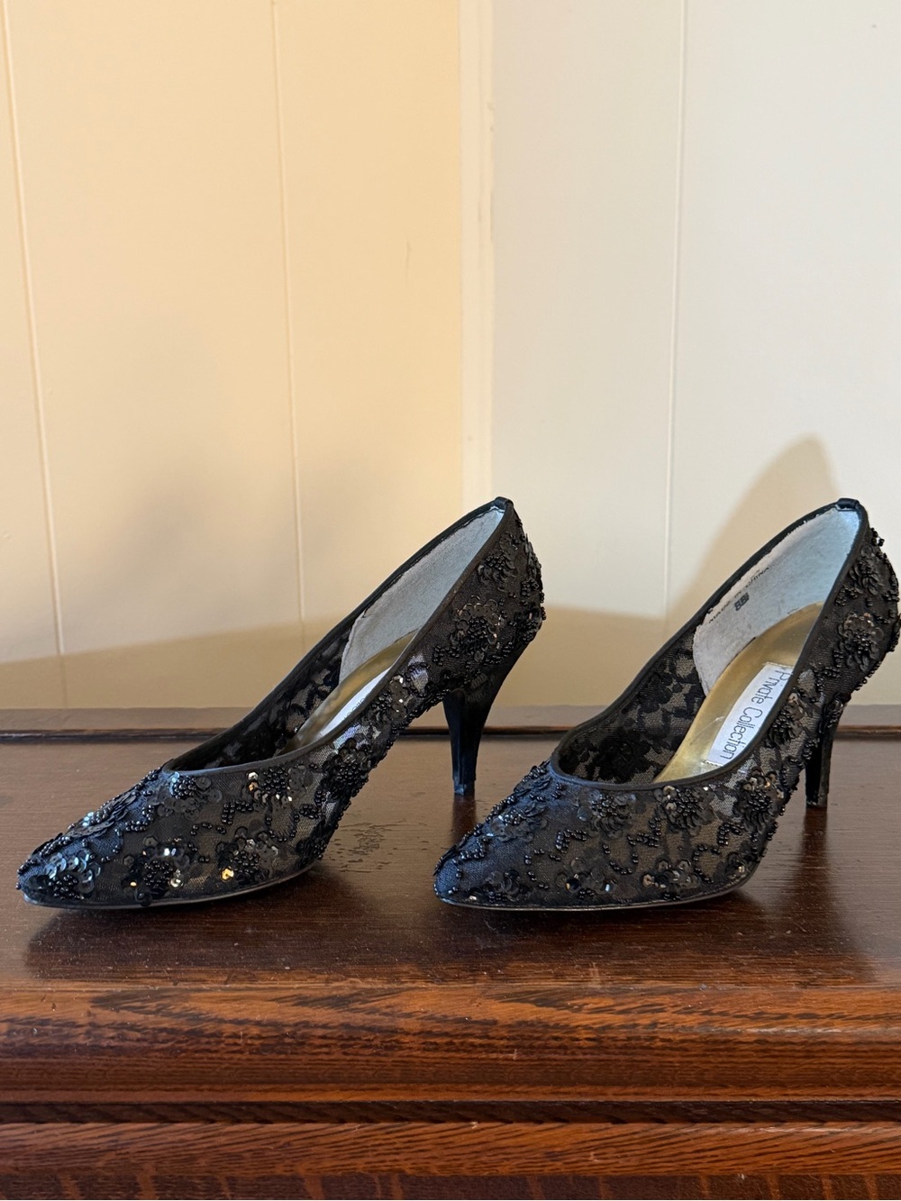 Beaded Black Lace Pointed Toe Heels